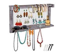 Organizador de joyas rústico - Organizador de joyas montado en la pared con barra extraíble para pulsera y 16 ganchos - Perfecto para collares y pulseras - Expositor de joyas vintage - Azul rústico