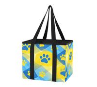 Organizador de maletero de coche, reutilizable, con estampado de huellas azules y amarillas, bolsa grande a cuadros es plegable con parte inferior dura y asas largas para salidas de picnic, viajes de