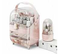 Organizador de Maquillaje Abatible, Soporte Visible Para el Cuidado de la Piel con Asa, Cajón de Gran Capacidad, Impermeable y a Prueba de Polvo Para Baño, Dormitorio, Princess Pink With brush holder