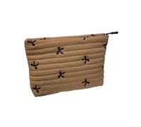 Organizador de maquillaje acolchado, diseño de lazo, espacioso, lavable, bolsa de almacenamiento de cosméticos para viajes esenciales, Khaki