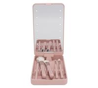 Organizador de Maquillaje con Espejo, Juego de Brochas de Maquillaje con Espejo, Kit de Brochas Cosméticas Multifuncionales con Espejo LED Plegable Giratorio para Viajes en Casa