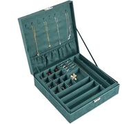 Organizador de maquillaje de doble capa, organizador de joyas, caja de franela for mujer, estuche de almacenamiento grande, soporte verde for joyas, for pendientes, anillos, collares y pulseras.
