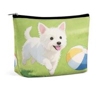 Organizador de maquillaje de viaje impermeable, de piel sintética, para cachorros, persiguiendo una pelota, pequeño estuche de aseo bonito, bolsa portátil con cremallera para mujeres y hombres
