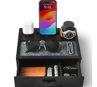 Organizador de mesita de noche para hombre, estación de acoplamiento de teléfono de madera para cargar tu teléfono y auriculares, estación de carga de madera con bandeja forrada y cajón, estación de