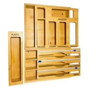 Organizador de papel de aluminio de bambú y plástico con cortador, organizador de bolsas Ziplock con cortador para almacenamiento de cajones de cocina, dispensador compatible con bolsas de galón