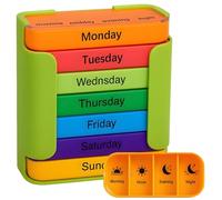 Organizador de pastillas de 7 días, 4 veces al día por la mañana, mediodía, noche, hora de acostarse, organizador de medicamentos de viaje semanal apilable con compartimentos (colorido verde)