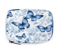 Organizador de pastillas de hojas de mariposa azul retro con cremallera, bolsa de almacenamiento diario de vitaminas, portátil, 8 ranuras, pastillero semanal para el hogar, oficina, gimnasio, viajes