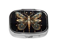 Organizador de pastillas de viaje con diseño de libélula dorada sobre fondo negro. Pastillero de 2 compartimentos, mini pastillero portátil, caja de almacenamiento de medicamentos y vitaminas