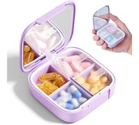 Organizador de pastillas de viaje para mujer, bonito pastillero con espejo, 4 compartimentos grandes, contenedor impermeable para medicamentos, estuche portátil de piel sintética para vitaminas, sin