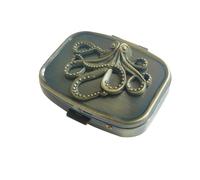 Organizador de pastillas de viaje portátil retro de bronce, pequeño pastillero con letrero de pulpo para bolso o bolsillo, bonito estuche portátil duradero para píldoras, contenedor de botella