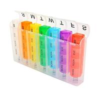 Organizador de pastilleros de 7 días, caja de almacenamiento de tableta semanal portátil, estuche de píldoras de color arcoíris con 28 compartimentos, 4 veces al día, mañana, mediodía, noche y cama