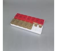 Organizador de píldoras para 7 días, material de polipropileno, con 14 compartimentos, caja de almacenamiento de medicamentos AM PM 2 veces para niños mayores olvidados (rojo dorado, 17,5 x 8,5 x 3