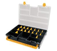 Organizador de plástico L443 x P317 x H80 mm con separadores extraíbles, tapa transparente