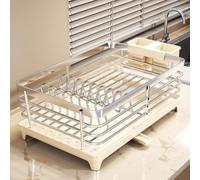 Organizador de platos de acero inoxidable con bandeja de drenaje y compartimento de almacenamiento independiente de cubiertos (L)