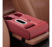 Organizador de reposabrazos de cuero diseñado para vehículos con portavasos duales, compartimento para teléfono y caja de pañuelos para una aplicación práctica (rojo)