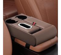 Organizador de reposabrazos de cuero diseñado para vehículos con portavasos duales, compartimento para teléfono y caja de pañuelos para una aplicación práctica (color café)