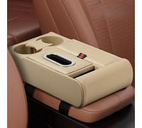 Organizador de reposabrazos de cuero diseñado para vehículos con portavasos duales, compartimento para teléfono y caja de pañuelos para una aplicación práctica (beige)