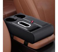 Organizador de reposabrazos de cuero para automóvil con soportes dobles para bebidas, almacenamiento de teléfono y dispensador de pañuelos para mejorar la comodidad del vehículo (negro)