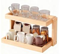Organizador de Tazas Café Madera, Estantería Cocina 2/3 Niveles con Base Ventilada, para tu Rincón del o Té, Almacenamiento para Condimentos, Estante Decorativo Rústico(Walnut,2*Tier)