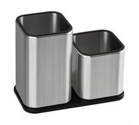 Organizador de utensilios de cocina de acero inoxidable, doble compartimento, soporte para cubiertos para encimera, escurrible, moderno, plateado, 22,5 x 11,2 x 23,6 cm