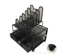 Organizador del escritorio en metal negro. RESISTENTE con material antideslizante y antiarañazos. Diseño ELEGANTE. 1 cajón para suministros de oficina. 1 bandeja horizontal y 5 secciones verticales