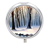 Organizador diario de pastillas de 3 compartimentos, pequeño pastillero portátil de viaje con espejo, mini pastillero para bolsillo de bolso, organizador de medicamentos de metal, bosque de invierno