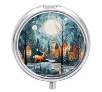 Organizador diario de píldoras de 3 compartimentos, pequeño pastillero portátil de viaje con espejo, mini pastillero para bolsillo de bolso, organizador de medicamentos de metal, escena de invierno