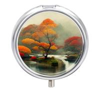 Organizador diario de píldoras de 3 compartimentos, pequeño pastillero portátil de viaje con espejo, mini pastillero para bolsillo de bolso, organizador de medicina de metal, paisaje otoñal de Japón