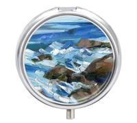 Organizador diario de píldoras de 3 compartimentos, pequeño pastillero portátil de viaje con espejo, mini pastillero para bolsillo de bolso, organizador de medicamentos de metal, pintura al óleo de