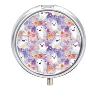 Organizador diario de píldoras de 3 compartimentos, pequeño pastillero portátil de viaje con espejo, mini pastillero para bolsillo de bolso, organizador de medicina de metal con bonitos fantasmas