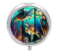 Organizador diario de píldoras de 3 compartimentos, pequeño pastillero portátil de viaje con espejo, mini pastillero para bolsillo de bolso, organizador de medicamentos de metal, vitral, tortuga, vida