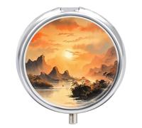 Organizador diario de píldoras de 3 compartimentos, pequeño pastillero portátil de viaje, pastillero para bolsillo de bolso, organizador de medicamentos de metal, pintura de tinta de paisaje de