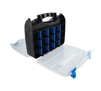 Organizador doble de plástico resistente, ideal para almacenamiento eficiente en oficina o hogar, mantiene ordenados documentos y suministros.