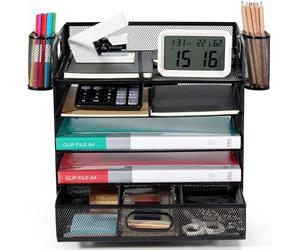 Organizador escritorio，oficina accesorios，5 capas con 2 portaplumas, 2 metales de portapapeles Gran capacidad, todas las funciones integradas Resolver todos los problemas de almacenamiento de archivos