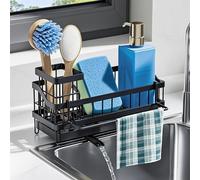 Organizador Fregadero Cocina, Soporte Esponja con Drenaje & Bandeja Desagüe Extraíble, Estante Almacenamiento con Estante Toalla & Gancho Esponja, Porta Jabón para Encimera,Mostradores (Negro)