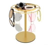 Organizador giratorio de 360° para gafas de sol y joyas con bandeja extraíble, soporte de metal para gafas, anillos, relojes, almacenamiento compacto que ahorra espacio y pantalla elegante (dorado)