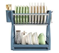 Organizador grande de acero inoxidable de 2 niveles para secar platos | Estante de cocina para utensilios de cocina, esponjas de jabón, mostrador de baño, hogar, apartamento, ducha, azul