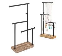 Organizador joyas de 3 niveles, soporte para collares con bandeja de madera, expositor anillos, torres de joyería, marco de metal, colgador para pulseras, mujeres y niñas.