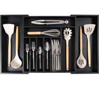 Organizador KitchenEdge para cubiertos y utensilios de alta calidad, para cajones de cocina, extensible de 40 a 71 cm, 10 compartimentos, acabado negro apto para uso alimentario, 100% bambú