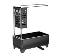 Organizador para fregadero de cocina con soporte de esponja, dispensador de jabón, estante de drenaje y barra de toalla para área organizada y de limpieza en seco (negro)