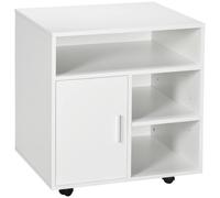 Organizador para impresora Homcom, mueble de almacenamiento para la oficina, con 3 compartimentos y puerta, y bandeja grande, fabricado en tablero de partículas, color blanco. BLANCO
