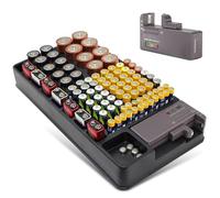 Organizador para Pilas - Organiza y almacena pilas, 98 alojamientos: AA, AAA, 9V, C, D + Pilas botón - Tester de pilas incorporado - Puede colgarse a la pared - 35 x 17 cm - Negro