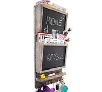 Organizador rústico de 2 ranuras para pared con superficie de pizarra y 3 ganchos dobles para llaves, organizador de correo de madera para pared, decoración de pared para entrada hecha de madera de