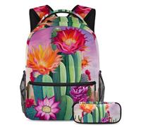 Organízate con nuestra mochila y estuche de 2 piezas, juego de mochila escolar ideal para niños, niñas, adolescentes, flores de cactus rosas, multicolor, B：29.4x20x40cm P：19x7.5x3.8cm, Mochilas de