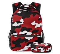 Organízate con nuestro juego de 2 mochilas escolares para niños, niñas y adolescentes, patrón de camuflaje rojo, Multicolor#04, B：29.4x20x40cm P：19x7.5x3.8cm, Mochilas de día