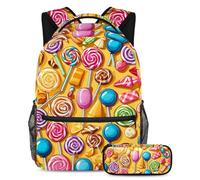 Organízate y a la moda con este juego de mochila y estuche, perfecto para estudiantes, patrón de caramelo amarillo, multicolor, B：29.4x20x40cm P：19x7.5x3.8cm, Mochilas de día