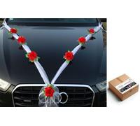 Organza M Auto-Schmuck Decoración de Tela de Organza con Rosas para Coche, para Pareja de Novios, Guirnalda Decorativa para Bodas (Rojo/Blanco)