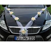 Organza M Auto-Schmuck Decoración de Tela de Organza con Rosas para Coche, para Pareja de Novios, Guirnalda Decorativa para Bodas (limón/Blanco)