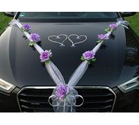 Organza M + Corazones, Decoración para Coche de Bodas, Joyas para Coche, Rosas Artificiales, para Novias, Parejas de Novias, Wedding Car Deco (Lila/Blanco/Blanco)