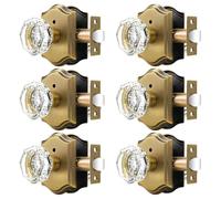 Orger Paquete de 6 pomos octogonales de cristal para puerta de cama/baño con cerradura de pin en el interior, pomo de puerta de roseta vintage de bronce antiguo con vidrio auténtico resistente